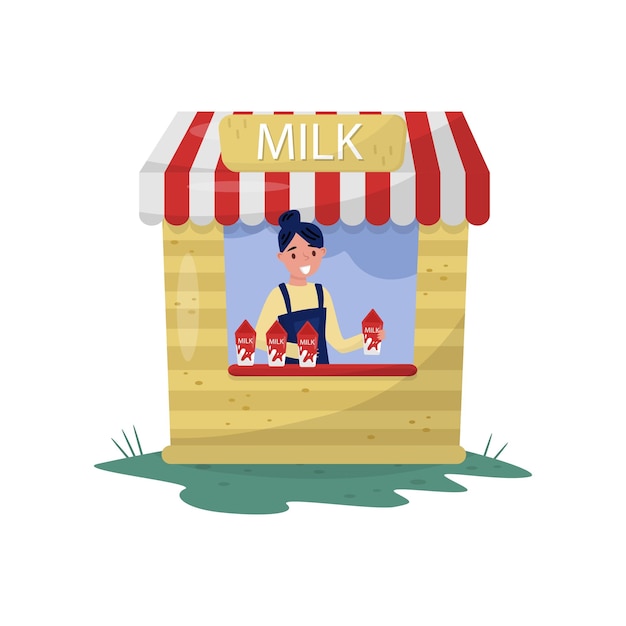 Young cheerful girl selling milk in small stall with sign Organic and healthy beverage Farm dairy product Flat vector design