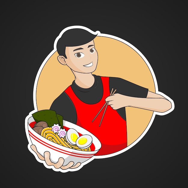 A young chef carrying a ramen and chopsticks can be used as logo and mascot