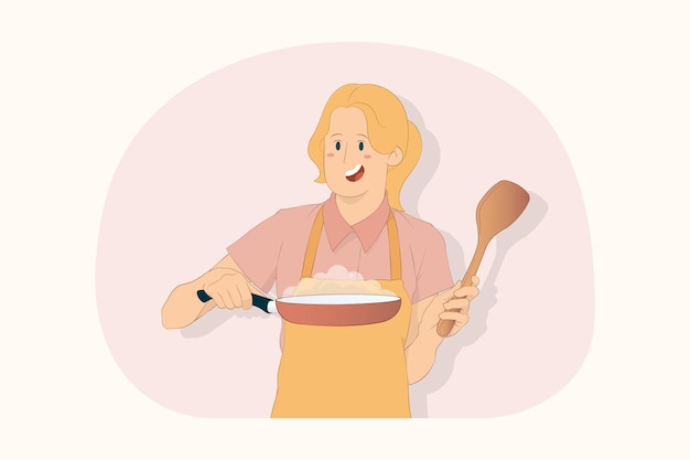 Young chef cook baker woman hold show red frying pan spatula concept