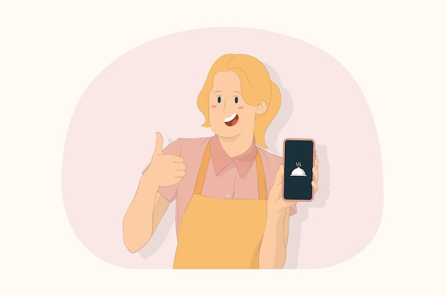 Young chef cook baker woman show recipe on mobile cell phone show thumb up gesture concept