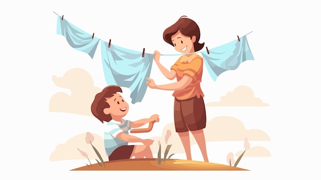 Vector young child assisting mother in hanging laundry outdoors