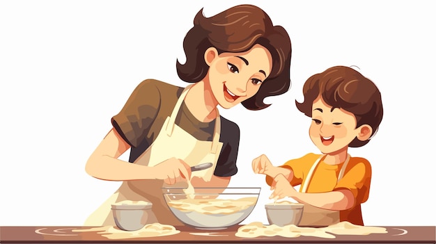 Vector young child assisting mother with breakfast preparation