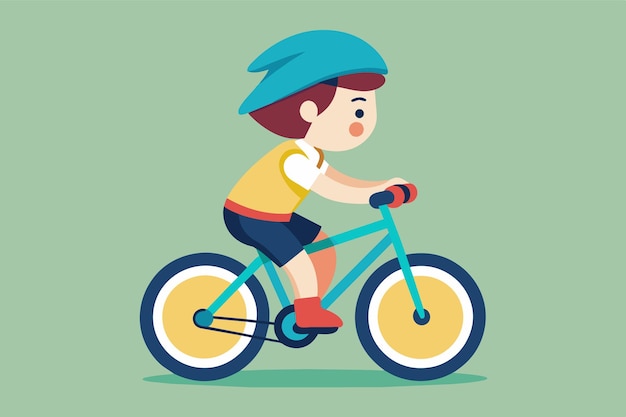 Vector a young child rides a brightly colored bicycle wearing a blue helmet and a cheerful expression enjoying the joy of cycling in a fun colorful environment