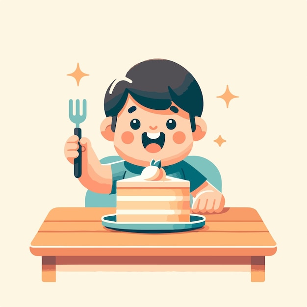 Vector a young child with a beaming smile ready to enjoy a large slice of layered cake