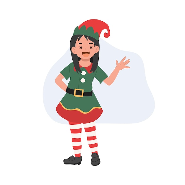 Young christmas elf kid is saying 'Hi' merry christmas Vector illustration