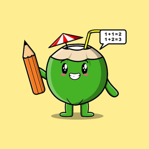 Young coconut cute cartoon clever student with pencil style design