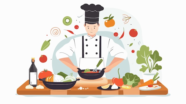 Vector young cook preparing fresh vegetable dishes in modern kitchen