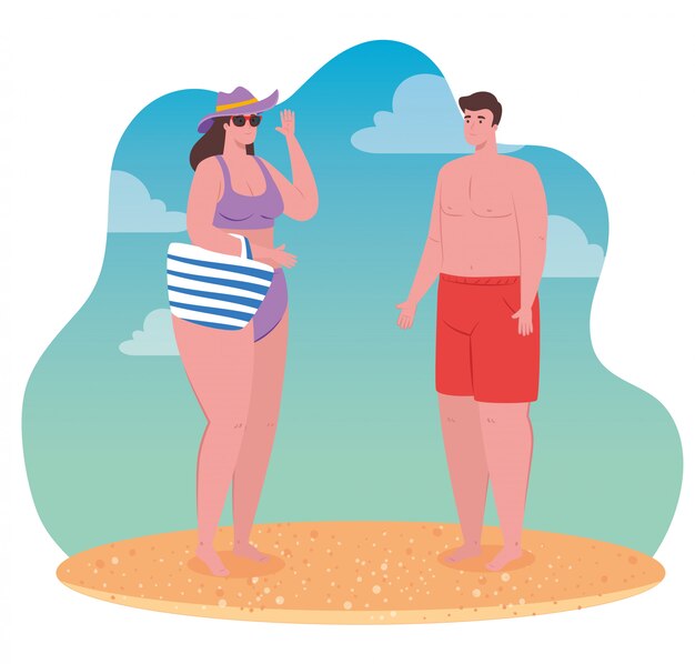 Young couple on the beach, guy and his girlfriend in the beach, summer vacation season