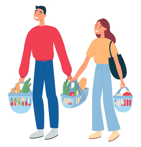 Young couple buying groceries in shop.