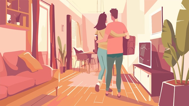 Vector young couple carrying sofa in room on moving day