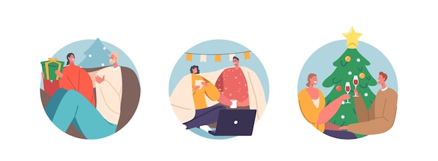 Young Couple Celebrate Christmas Isolated Round Icons or Avatars Man and Woman New Year and Xmas Holidays Celebration