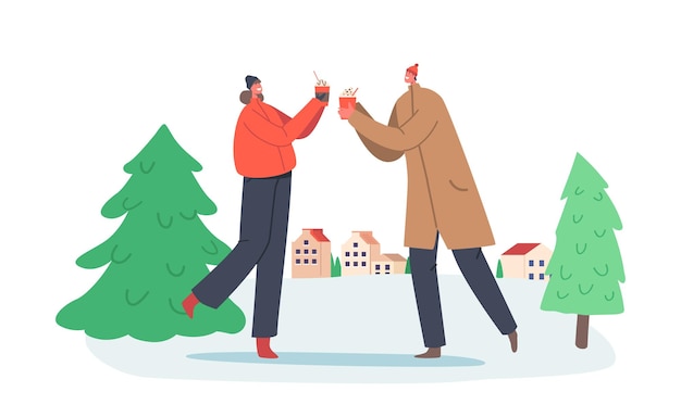 Young Couple Christmas Fun Male and Female Characters in Warm Clothes Enjoying Winter Drinks People Drinking Beverages