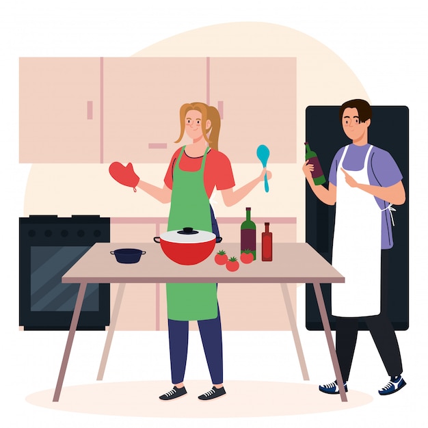 Young couple cooking with supplies on kitchen scene