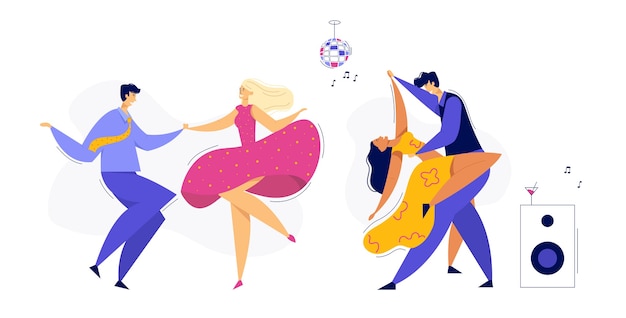 Young Couple Dancing Swing, Tango, Pop. Night Club Disco Party with Male and Female Dancer Characters Set. 