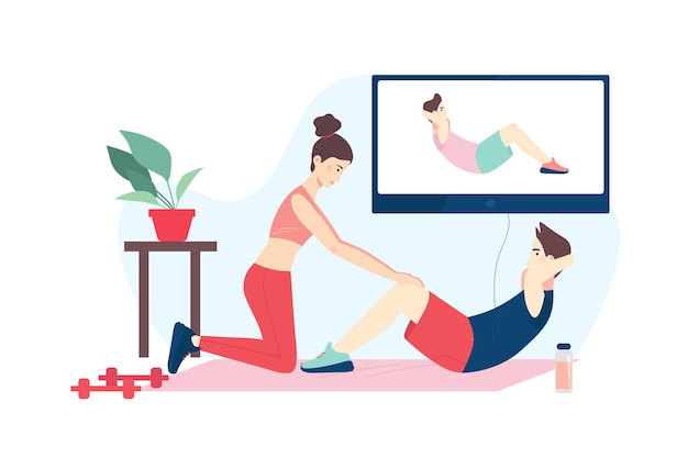 Young couple doing fitness on at home together using their TV