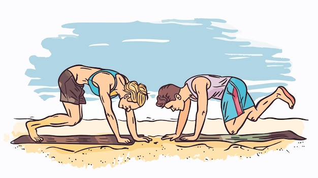 Vector young couple doing pushups on ocean beach handdrawn illustration