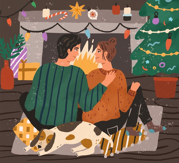 Young couple enjoying Christmas time together by fireplace at home decorated with Xmas tree and other decoration. Happy man and woman with pet in festive evening. Textured flat vector illustration.