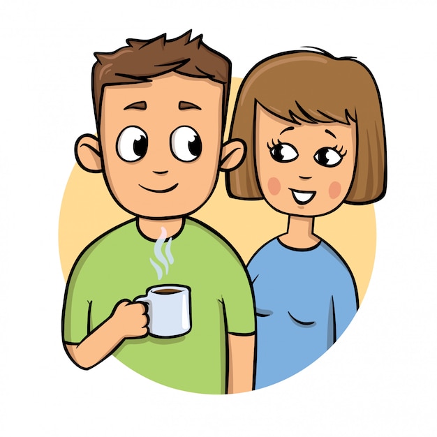 Young couple. Guy holding a mug, smiling girl.   icon. Colorful flat  illustration.  on white background.