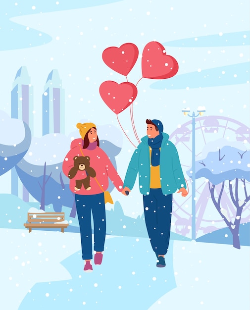 Young Couple Holding Hands With Heart-shaped Balloons Walking In Winter Park