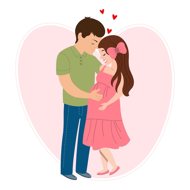 Young couple, husband and pregnant wife. Happy family concept. Illustration, poster, vector