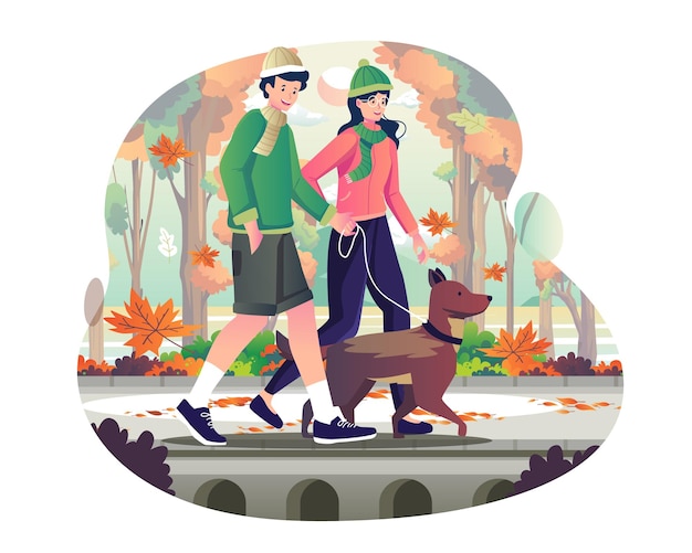 A young couple is walking together in the park with their dog in autumn concept illustration