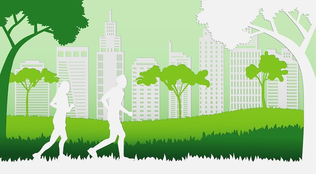 Young couple jogging in park at morningVector paper cut style