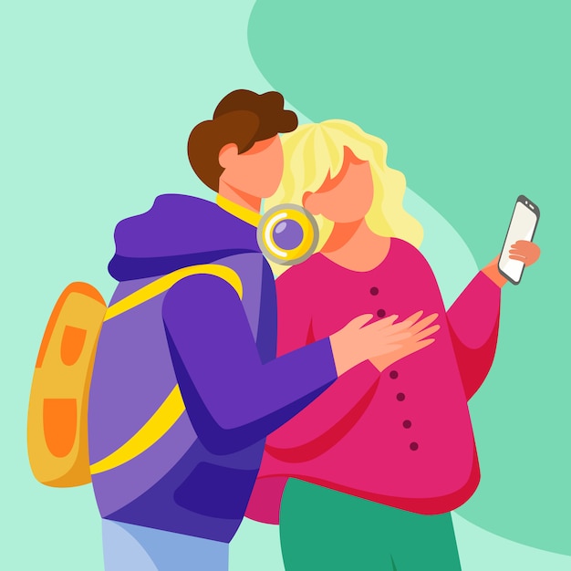 Young couple looking to smartphone screen flat vector illustration.