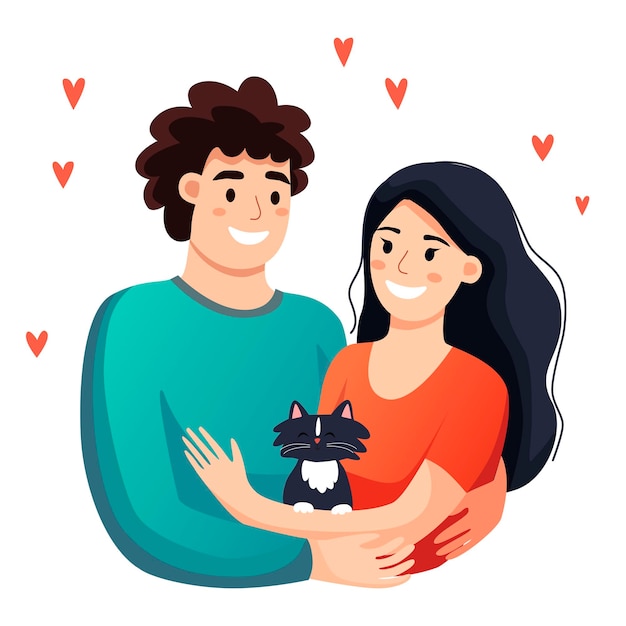 Young couple in love are hugging and holding a kitten in their hands Cartoon family characters