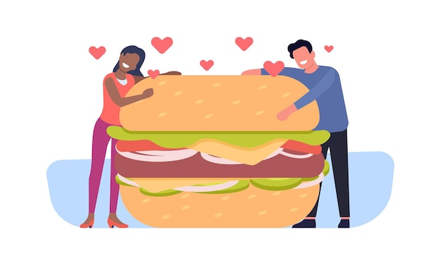 Young couple lovingly hugging yummy burger Unhealthy snack Man and woman cuddling hamburger Love hearts Fast food Big bread bun with meat Harmful diet Fat lunch Vector concept