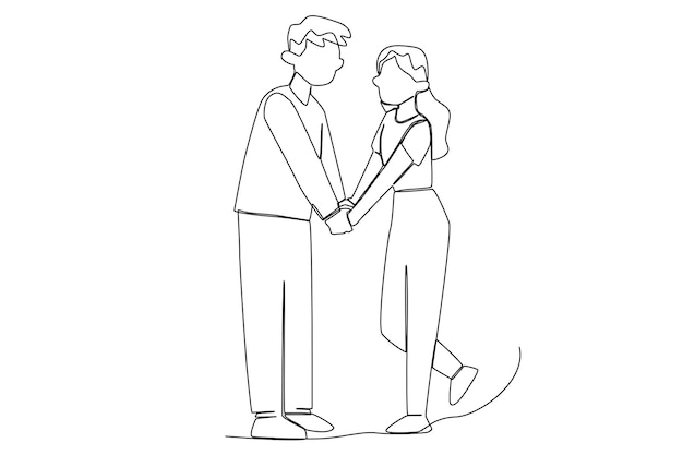 Young couple man and beautiful woman holding hand one line art