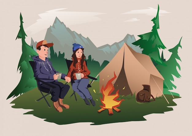 Young couple, man and woman sitting around the campfire in the forest. Hiking, active outdoor recreation.   illustration.