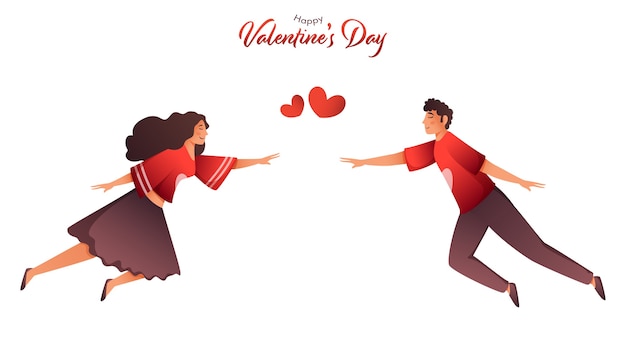 Young couple move towards while flying to each other on the occasion of Happy Valentine's Day