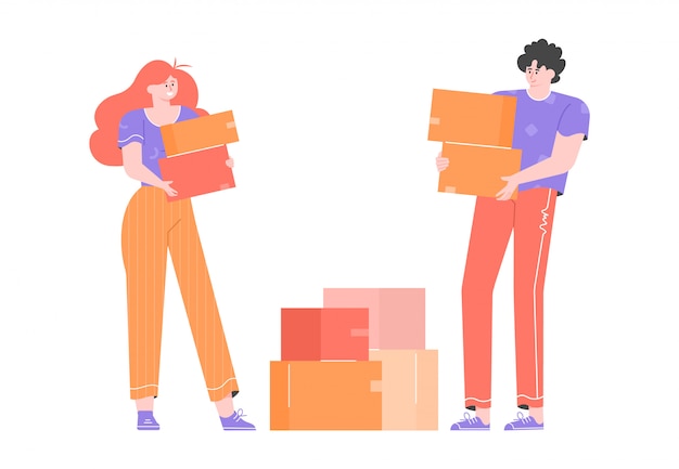 A young couple moves to a new home. A guy and a girl are standing nearby and are holding cardboard boxes. Mortgages and rental housing. flat illustration with bright characters.