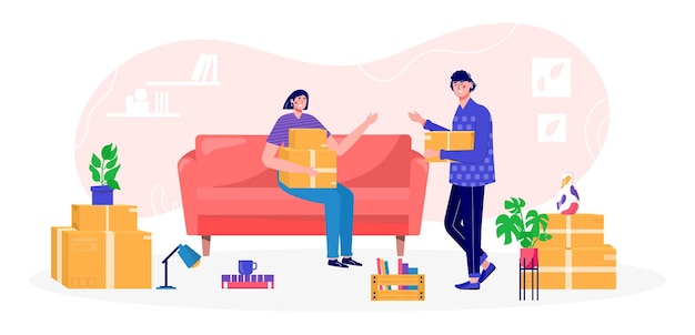 Young couple moves new home, house. People moving and collect supplies in boxes. Man and woman cartoon characters packing belongings. Vector unpacking concept, delivery, relocation, move box