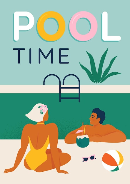 Young couple relaxing by the pool seated swimming in the pool