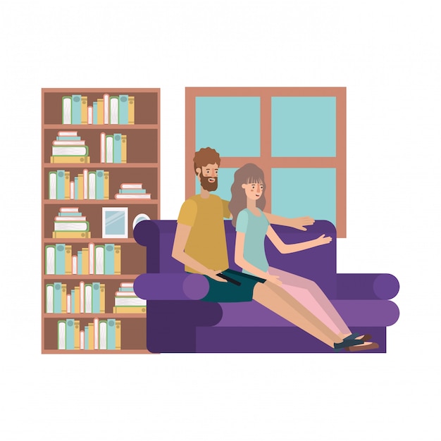 young couple seated in the sofa avatars characters