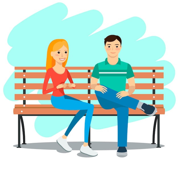 Young couple sitting on a bench and talking. Rest and outdoor quiet time. Vector illustration.