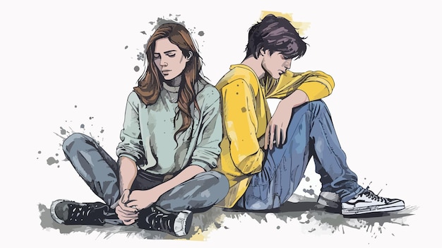 Vector young couple sitting on floor conceptual image