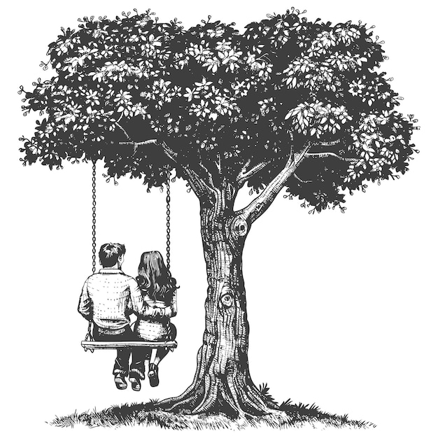 young couple sitting on a swing on the tree with engraving style