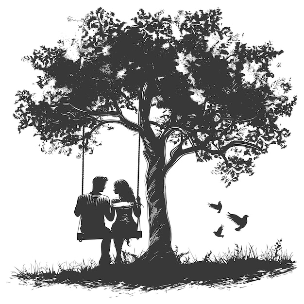 young couple sitting under swing on the tree with engraving style