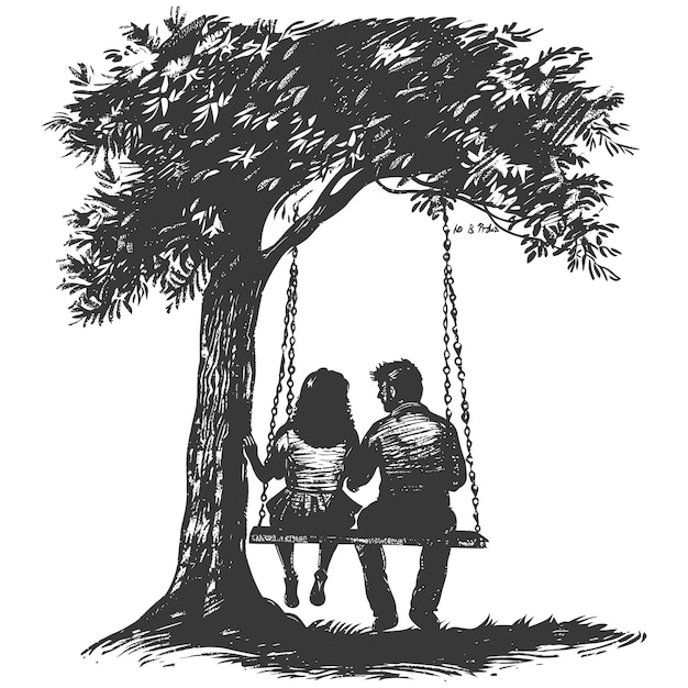 young couple sitting on a swing on the tree with engraving style