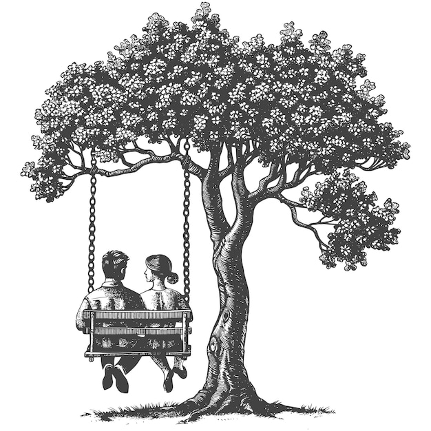 young couple sitting on a swing on the tree with engraving style