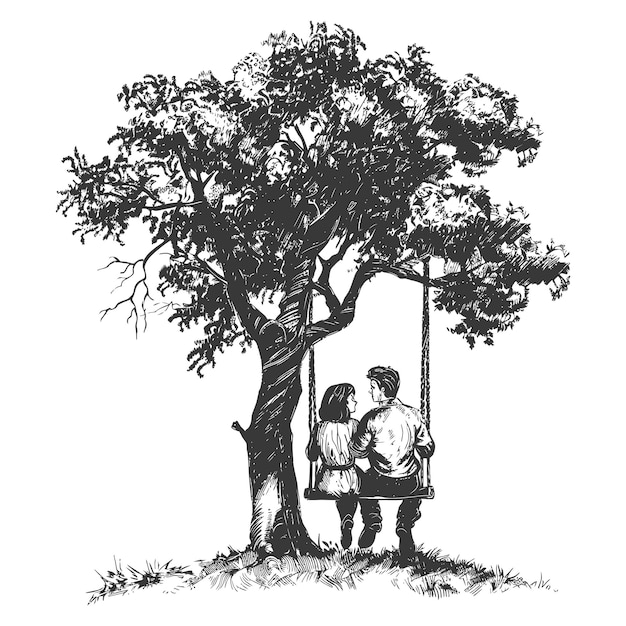 young couple sitting on a swing on the tree with engraving style