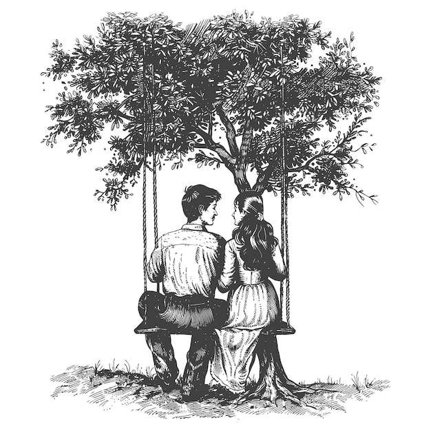 young couple sitting on a swing on the tree with engraving style