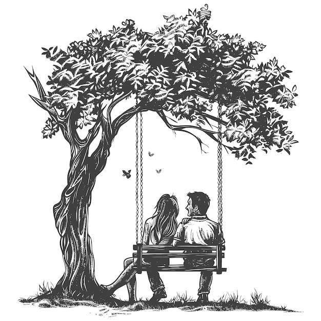 young couple sitting under swing on the tree with engraving style