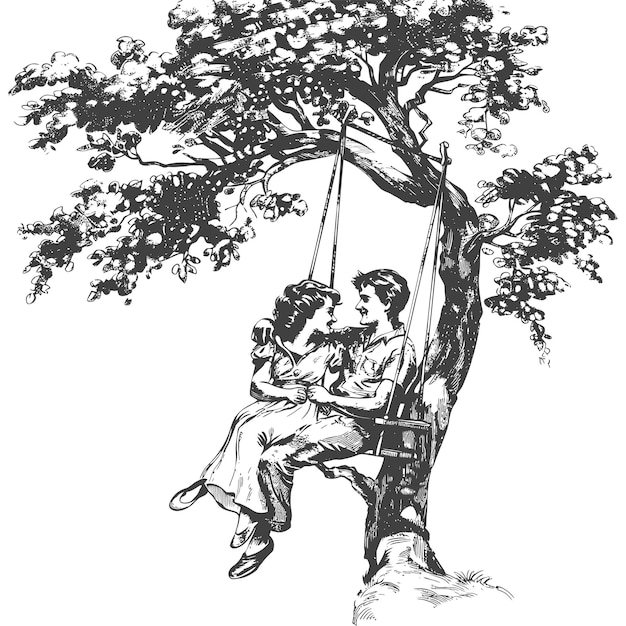 young couple sitting on a swing on the tree with engraving style