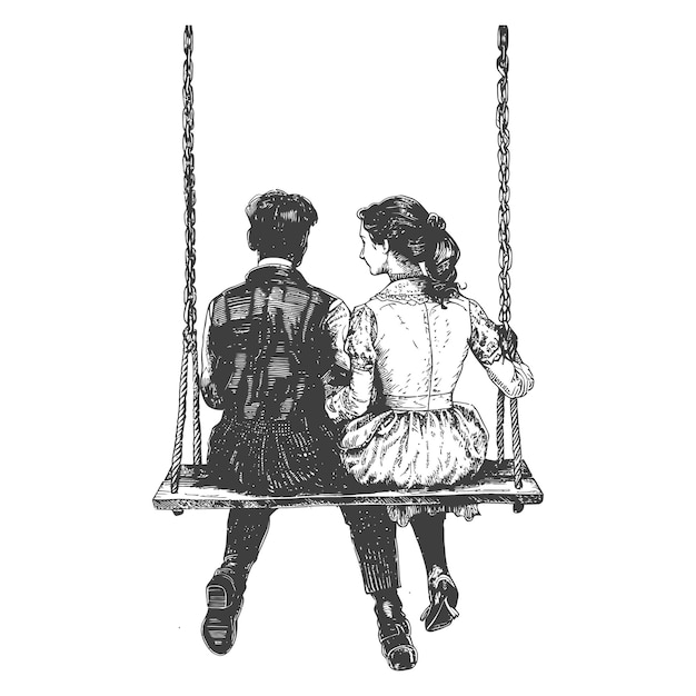 Vector young couple sitting on a swing with engraving style