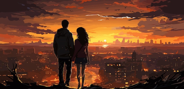 young couple standing on the roof top looking at cityscape at sunset digital art style illustration painting