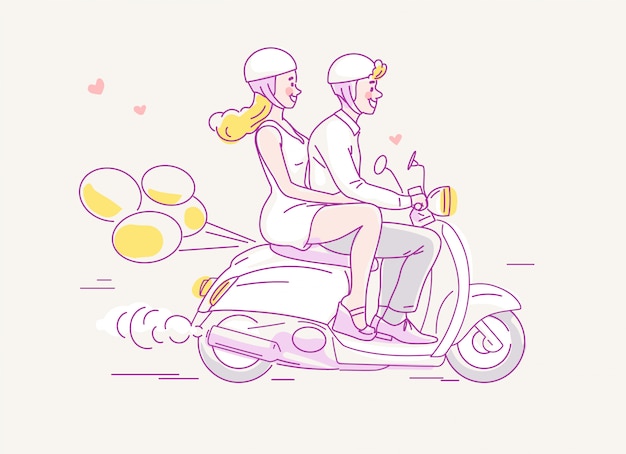 Young couple traveling on scooter with balloons behind.