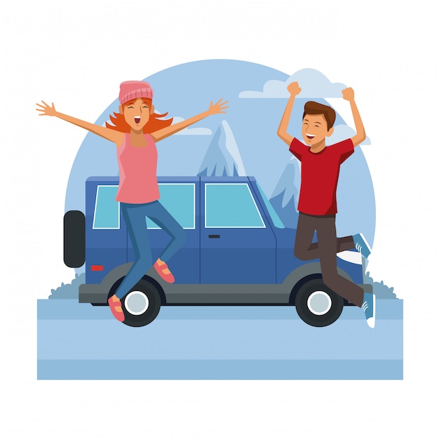 Vector young couple traveling with vehicle 